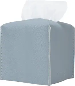Tissue Box Cover, Square PU Leather Tissue Box Holder, Modern Tissue Holder with Bottom Belt, Decorative Facial Paper Organizer for Office, Car, Bathroom, Home Decor (Airy Blue)