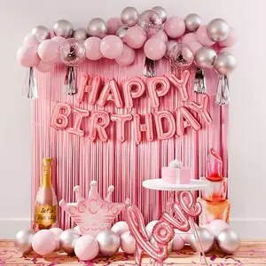 70 Pcs Happy Birthday Balloon Arch Kit - Pink Backdrop, Crown, Love Balloons, Happy Birthday Banner, Fringe Foils, Confetti Balloons Included - Perfect Birthday Decorations For Women