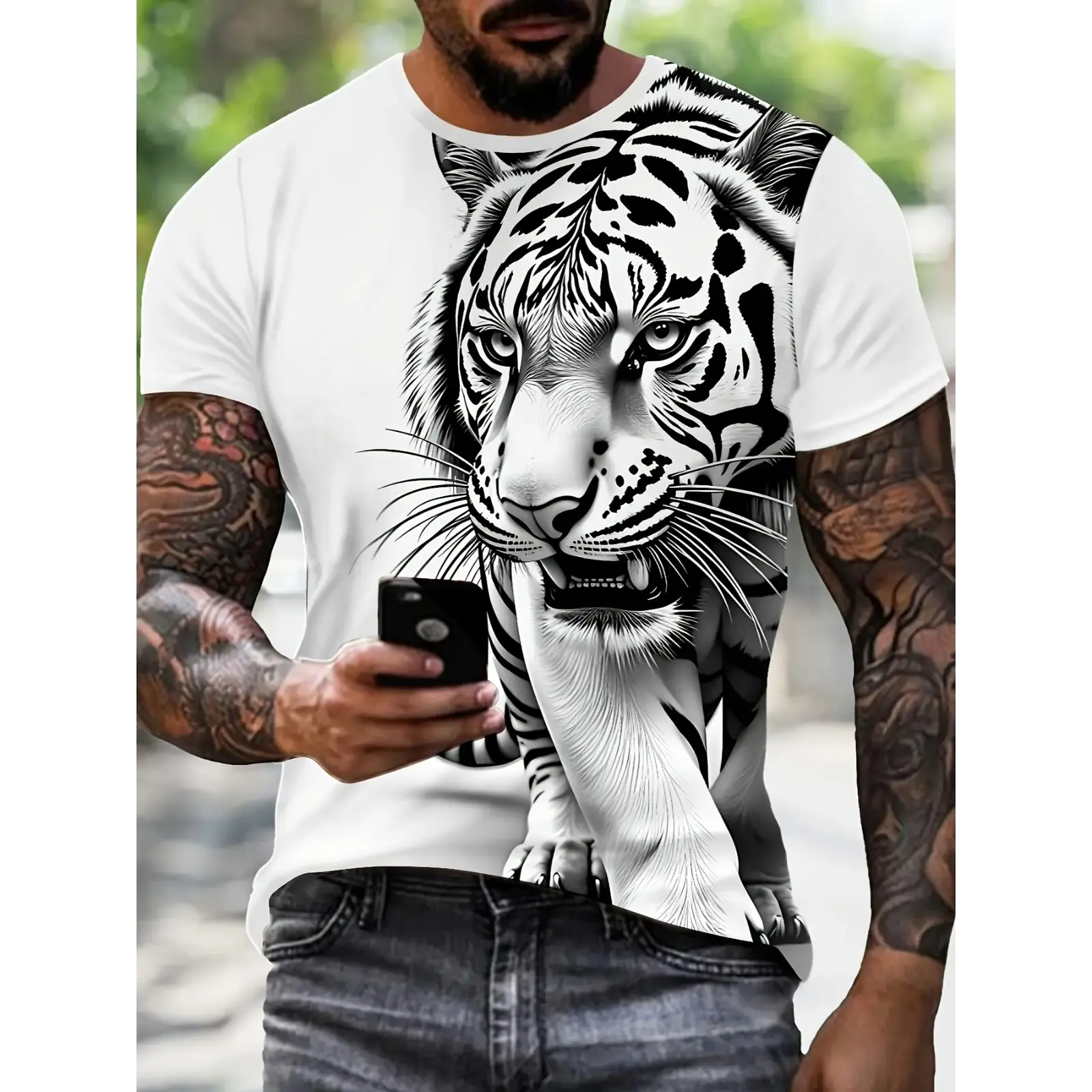 Men's Tiger Print T-Shirt, Casual Streetwear Fitted Short Sleeve Tee, Polyester Art Printed Top for Daily Wear, Menswear