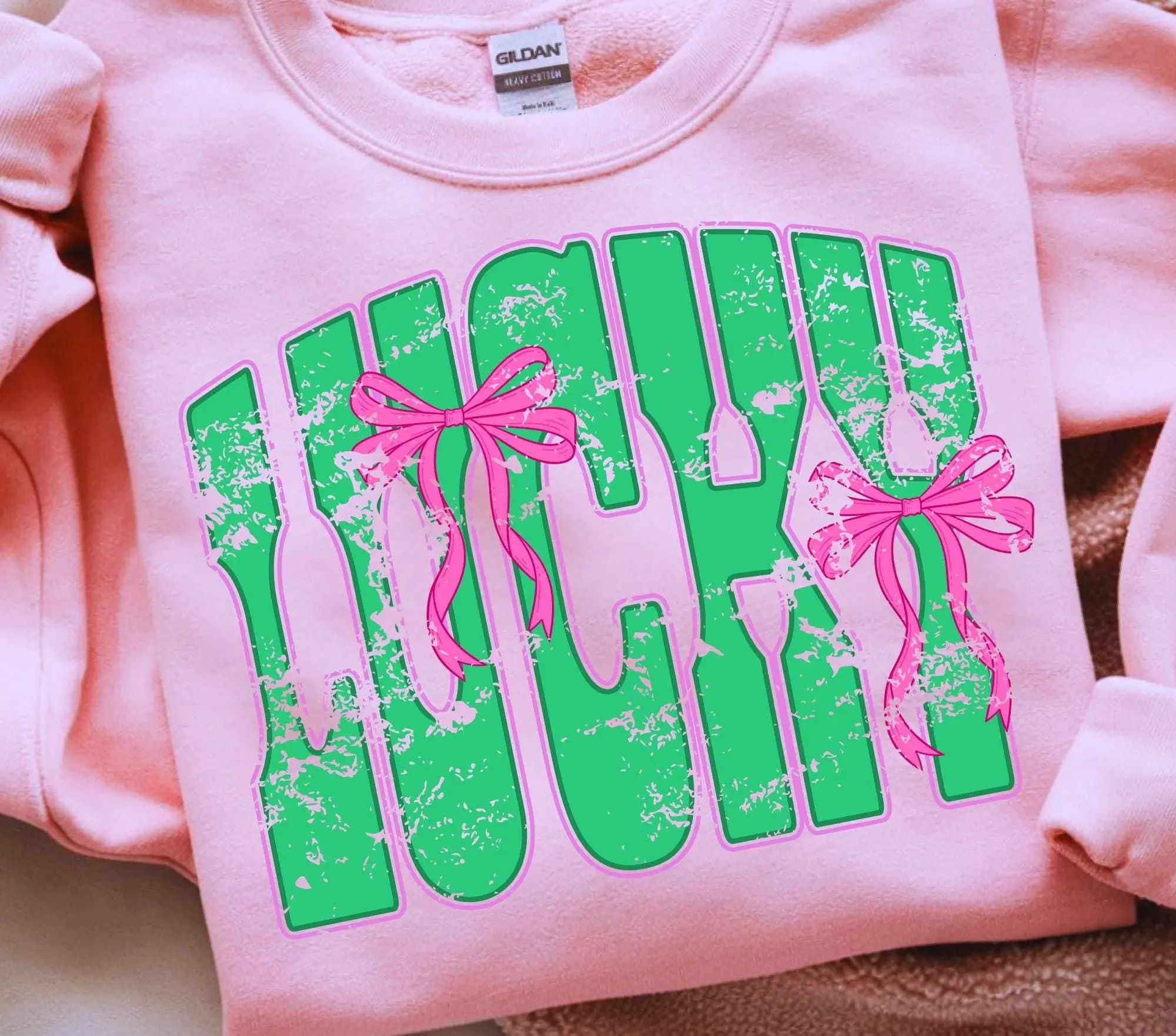 [Sale off up to 50%] Lucky Sweatshirt | Green Lucky Shirt with Pink Bows | St Patrick’s Day | Trendy Lucky Graphic, streetwear graphic tee