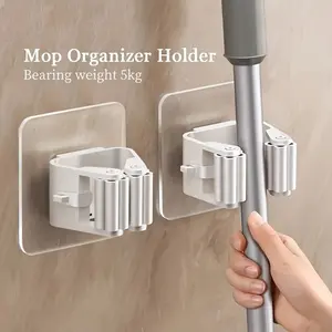 Sticky Mop Hook Set, Broom Mop Holder, No Drilling Wall Mounted Broom Storage Rack, Space Saving Tool Organizer for Bathroom Kitchen Garage