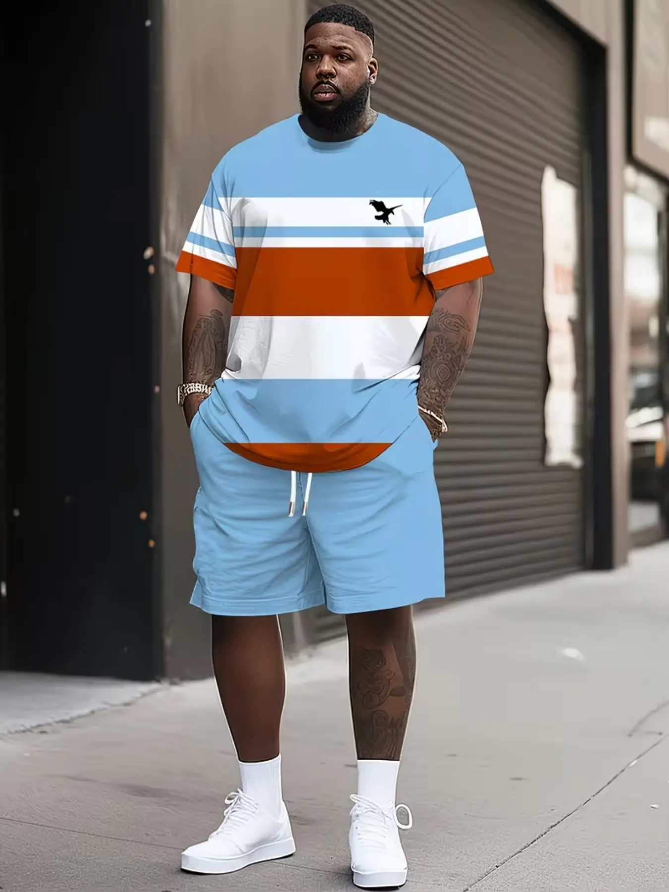 Men's Plus Size 3D Digital Print Sporty Casual Shorts Matching Set, Outfit Sets, Short Sleeve Round Neck Crewneck Tee and Shorts, Leopard Print, Regular Fit, Slight Stretch, Menswear