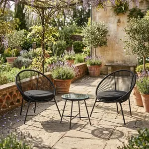 Modern 3 Piece Acapulco Patio Bar Table Set with 2 Cushioned Chairs All-Weather PE Rattan Glass Top Outdoor Conversation Furniture for Garden Balcony Deck