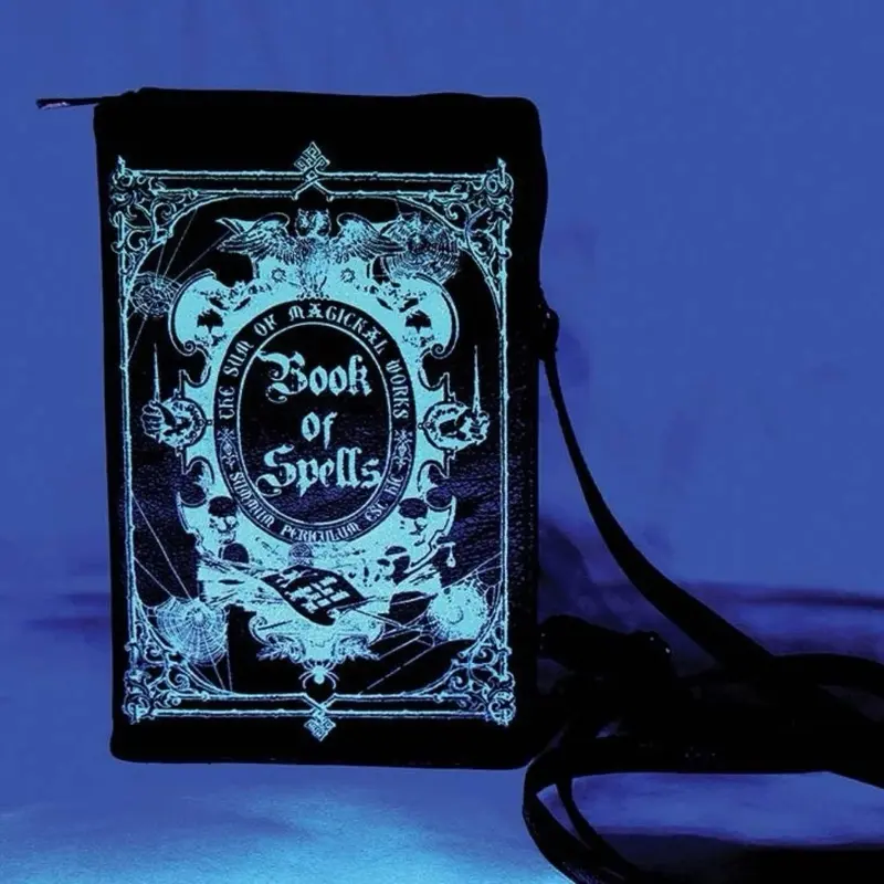 Glow in the Dark Book of Spells Purse - Crossbody with Gold Glitter Print, Wristlet Attachment, Spacious Design for Books and Essentials