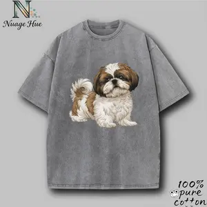 Fluffy Shih Tzu Hand-Painted Graphic – Mineral Washed Oversized 100% Pure Cotton T-Shirt, Unisex Retro Shirt Gift for Shih Tzu Lovers