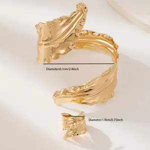 Vintage Metal Folded Leaf Cuff Bracelet Ring for Women Exaggerated Gold Color Spiral Opening Adjustable Bangle Party Jewelry Set