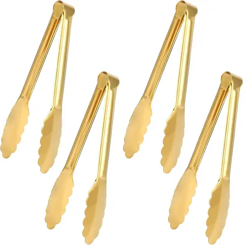 4-Pack Gold-Plated Thick Smooth 9-in Food Grade Stainless Steel Serving Tongs - Reusable Metal Kitchen & Barbecue Utensils, Elegant Design Ideal for Salads, BBQs, Parties