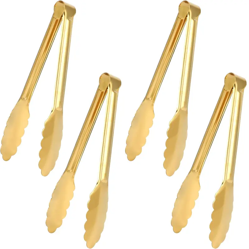4-Pack Gold-Plated Thick Smooth 9-in Food Grade Stainless Steel Serving Tongs - Reusable Metal Kitchen & Barbecue Utensils, Elegant Design Ideal for Salads, BBQs, Parties