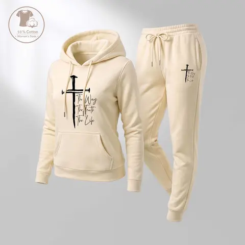 Women's Jesus on the Cross Print Hoodie And Drawstring Track Pants Set, Casual Sportswear, Long-Sleeved Hooded Jacket And Pants, Suitable For Autumn And Winter, Everyday Wear, Indoor And Outdoor Sportswear, Casual Sportswear.