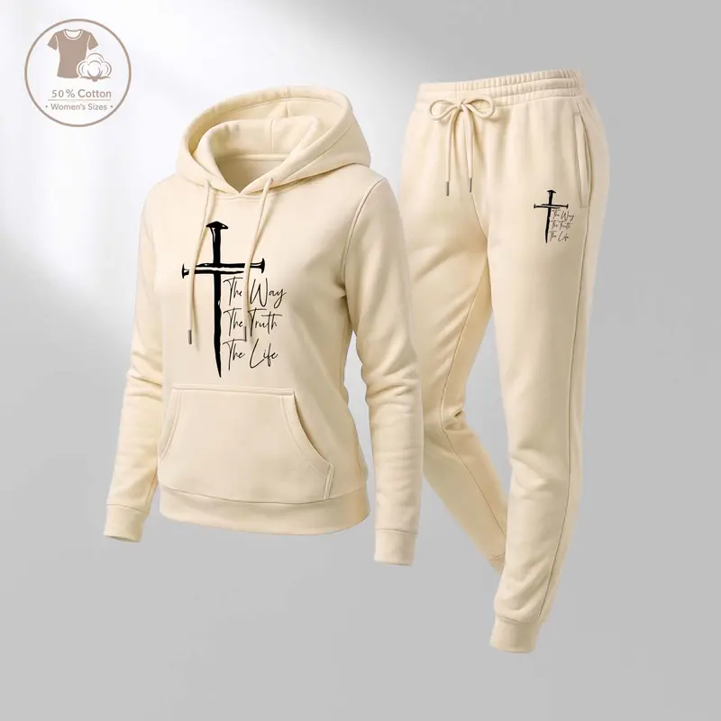 Women's Jesus on the Cross Print Hoodie And Drawstring Track Pants Set, Casual Sportswear, Long-Sleeved Hooded Jacket And Pants, Suitable For Autumn And Winter, Everyday Wear, Indoor And Outdoor Sportswear, Casual Sportswear.