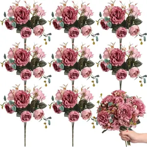 8 Packs Artificial Peony Flowers Faux Silk Hydrangea Bouquet Vintage Wedding Home Table for Door Reusable Bouquet of Rose Flowers for Valentine Wedding Birthday(Dark Pink)