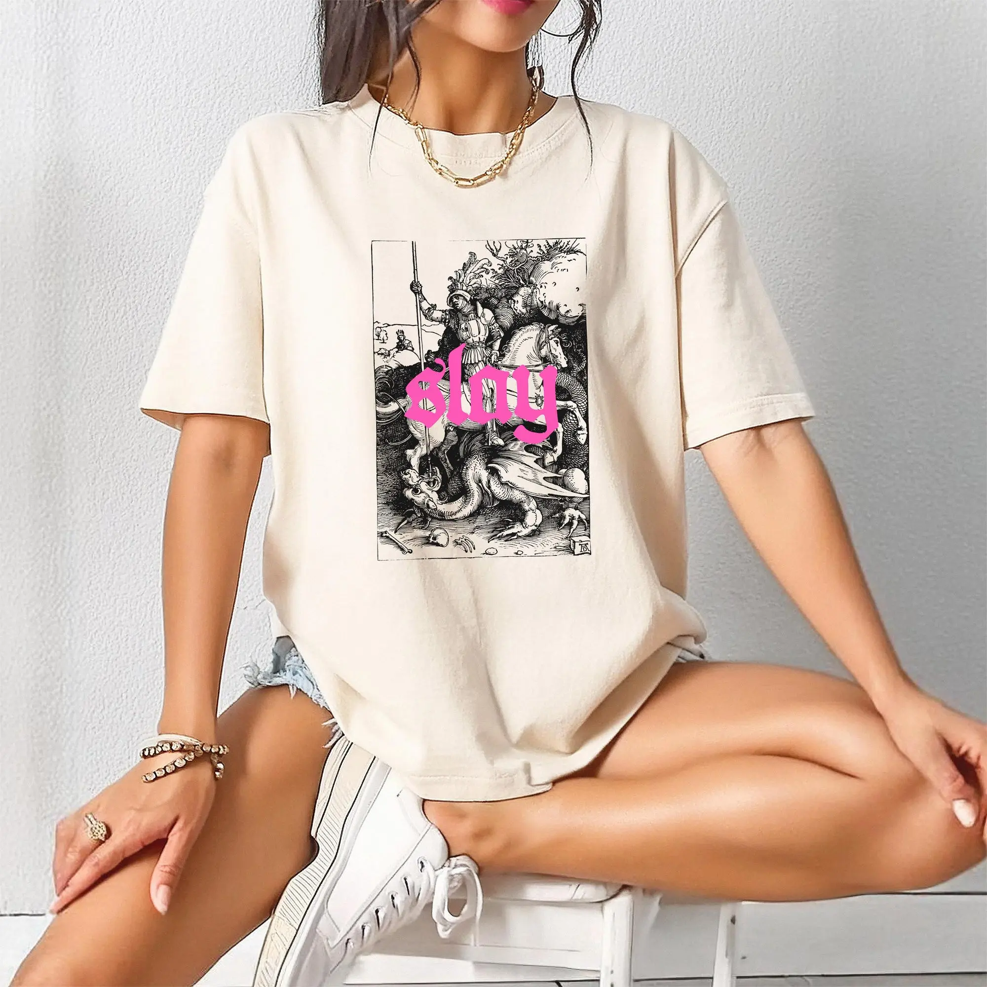 Medieval Knight Fantasy Shirt Castlecore Aesthetic Tee Slay Vintage Dragon Graphic Shirt Dark Academia SRPKJ0