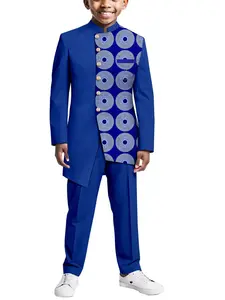 Royal Blue Ankara Patchwork Ethnic Suit Set with Asymmetrical Collar, Elegant for Parties & Church, Comfortable and Durable Fashion