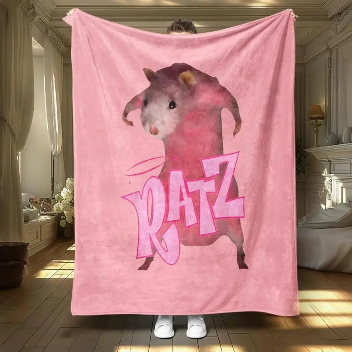 Funny Ratz Print Meme Art Decorative Flannel Printed Blanket - Pink Soft Throws Blanket, Lightweight, Weird Cursed Image, Multi-Size Indoor Room Decor, Animal Character Blankets, Cartoon Themed Blankets
