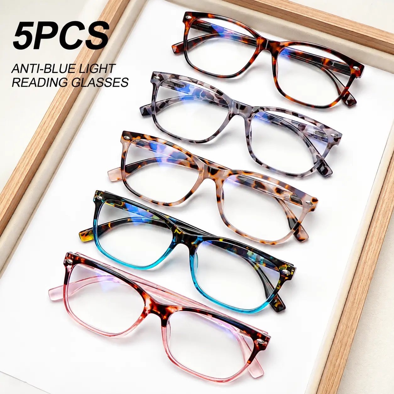 5PCS Blue Light Blocking Reading Glasses, Spring Hinge Square Frame Tortoise Pattern Eyewear for Women, Computer Reading, Lightweight