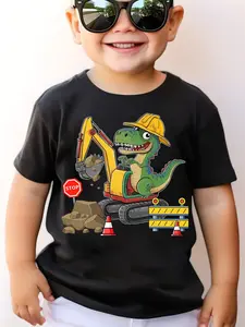 Boys' 100% Cotton Graphic T-Shirt - Round Neck, Short Sleeve, Dinosaur Construction Worker Print with Excavator, Road Signs, Kid-Friendly Character-Themed Funny Graphic Tee for All Seasons, Durable Fabric, Graphic T Shirts