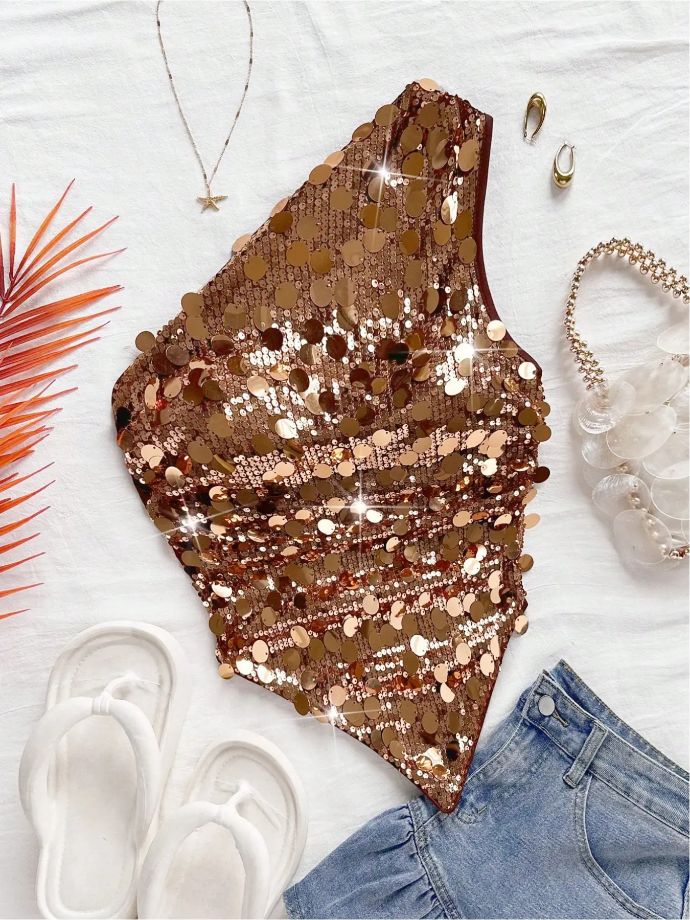 Women's Asymmetrical Sequin One-Shoulder Sleeveless Short Top, Clothes, Slim Fit, Casual Versatile, Holiday Christmas Festival Party Wear, Fashionable Sparkle Design