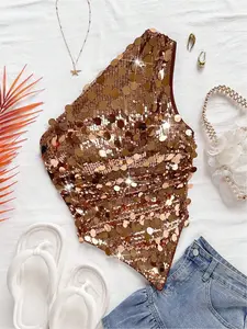 Women's Asymmetrical Sequin One-Shoulder Top, Casual Versatile, Holiday Christmas Festival Party Wear, Fashionable Sparkle Design