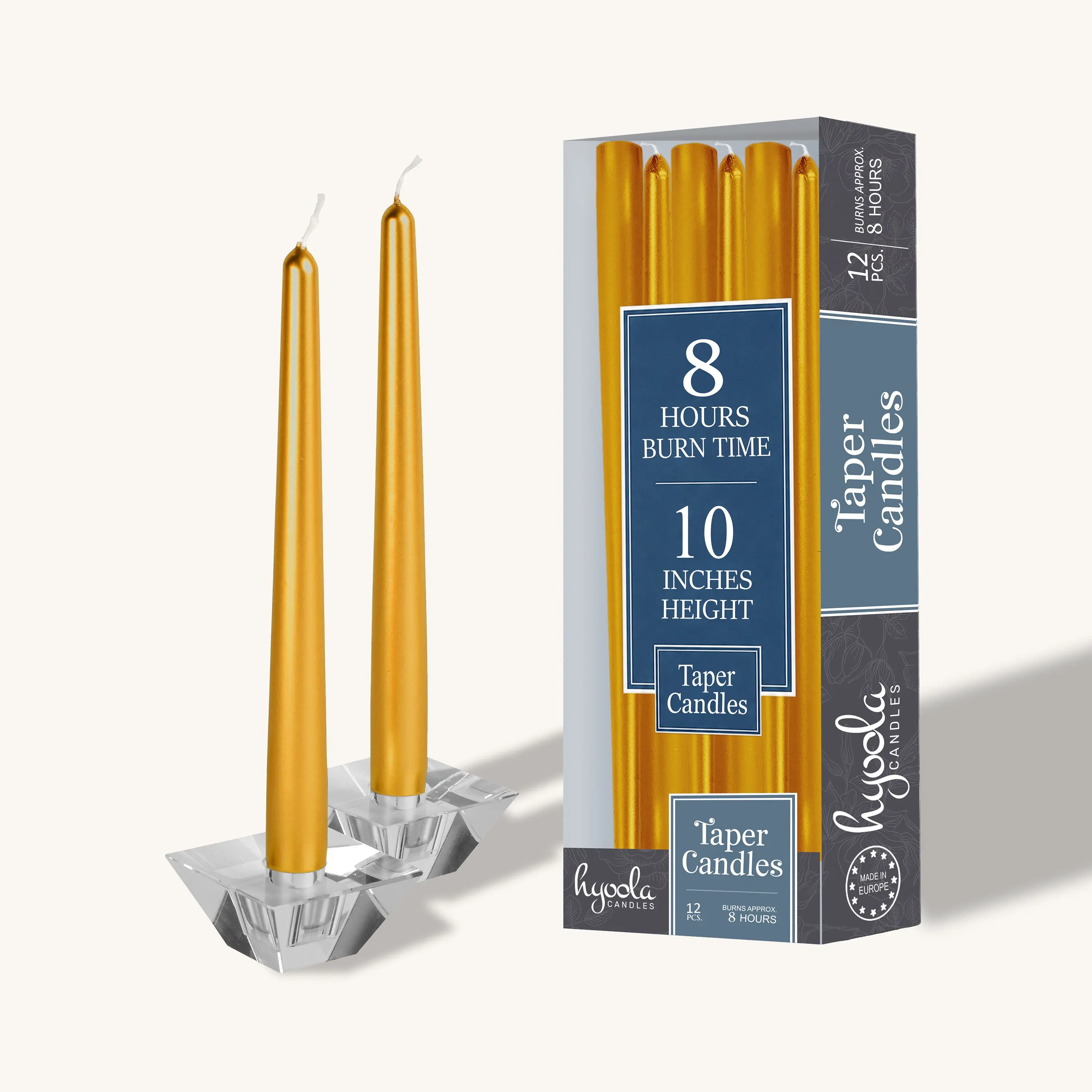 Metallic Gold Taper Candles - 10 in, 12 Pack - Unscented Home Decor for Room Accents