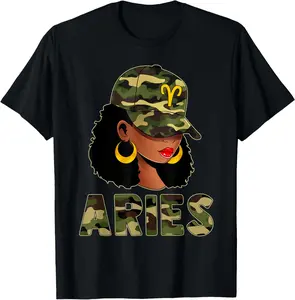 100% Cotton Aries Queen Camouflage Black Woman Cap Zodiac Sign T-Shirt