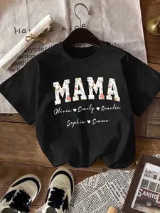 Women's Custom "Mama" Floral Varsity Graphic Oversized T-Shirt, Personalized Kid Names Mom Aesthetic Relaxed Fit Top, Soft Cotton Blend Breathable Everyday Casual Mom Shirt, Black