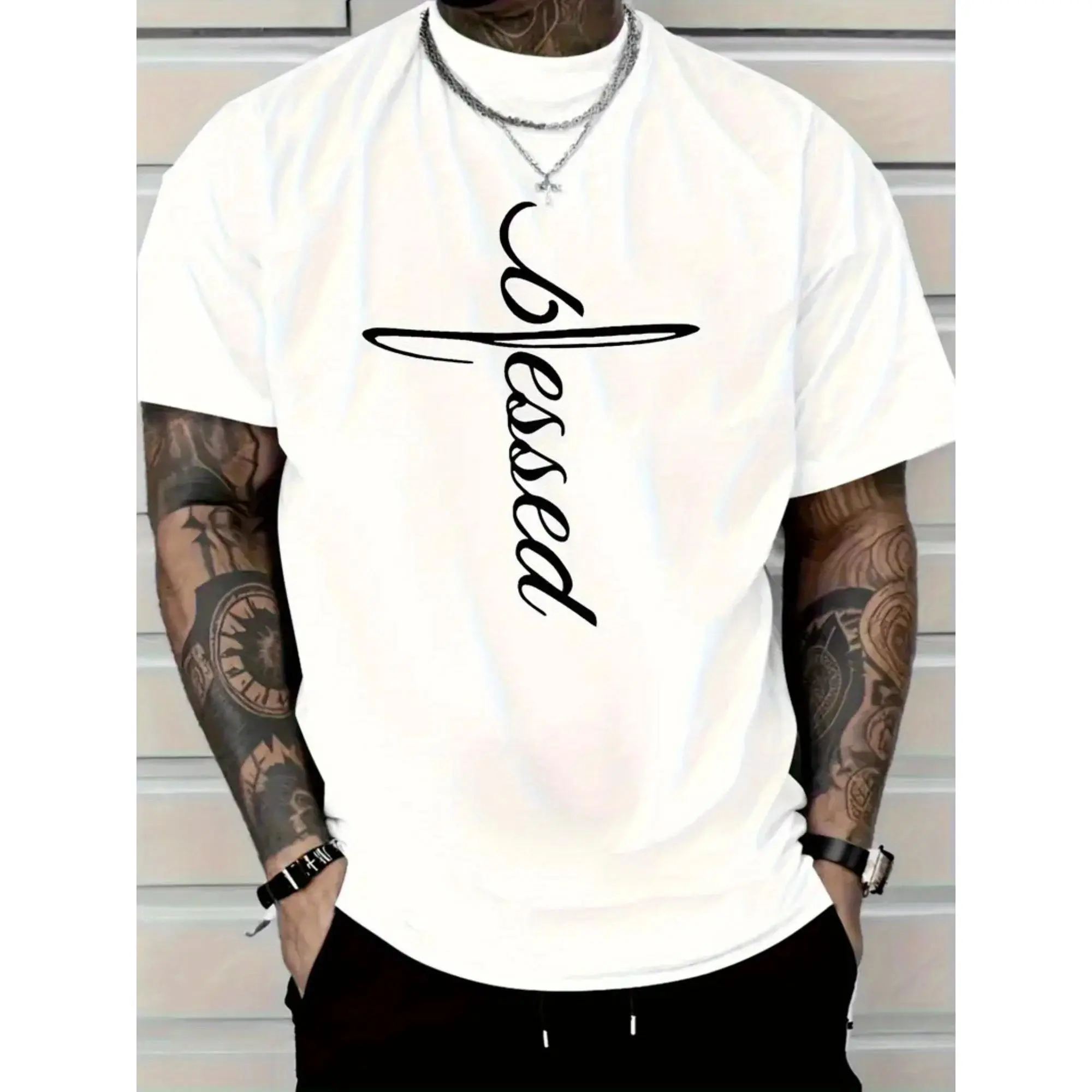 Men's Blessing Pattern T-Shirt- Shirt with "Blessed" Words, Soft Casual and Formal Wear Comfortable Top, All-Season Comfortable Fit, Ideal Birthday/Graduation/Thank You Gift, Crew Neck Design with Stretch Fabric, Christmas Plus Size T-Shirts