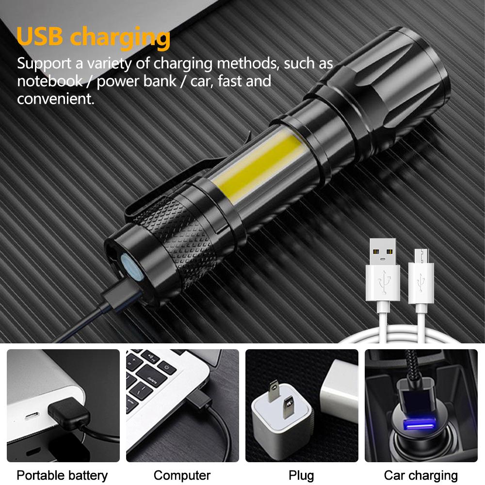 Mini LED Flashlight Pen Clip - Telescopic Zoom, USB Rechargeable, Spotlight & Floodlight, Portable Outdoor Torch for Camping, Hiking, Night Cycling & Home lights Rechargeable Emergency Worklight Handheld Zoomable Flashlight