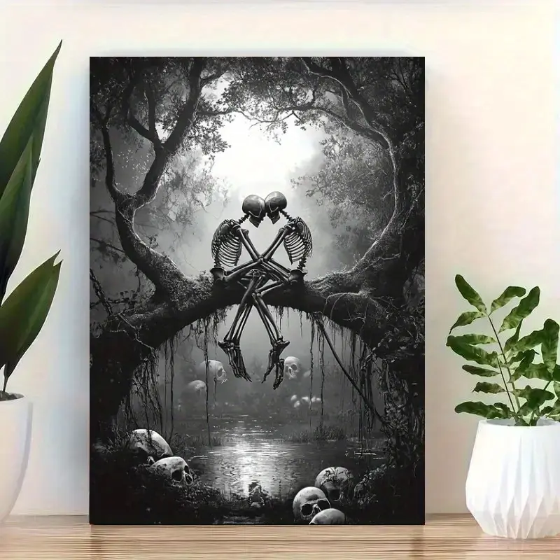 Gothic Dark Romance Skull Canvas Art Print - 24*36*0.75in Solid Wood Framed 8"x8" Eco-Friendly Black & White Artistic Goth Wall Decor, Vintage Embracing Couple 2D Hanging Kit for Living Room, Halloween Gift