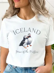 Iceland Charm Letter Print T-shirt, Short Sleeve Crew Neck Casual Top for Summer & Spring, Women's Clothing