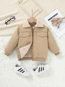 Boys' Winter Casual Jacket, Fleece Lined Thickened Collar, Zipper Front, Pure Color Warm Outerwear, Fitted Style for Cold Weather, Zip Up Jackets, Thick Heavy Coats
