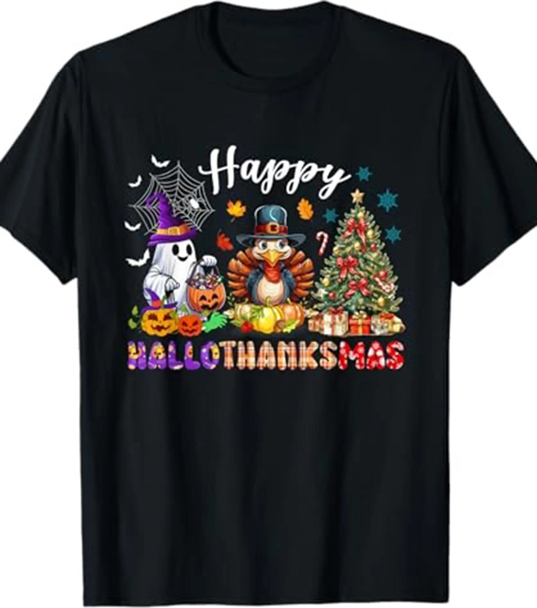 Happy Hallothanksmas Funny Halloween Thanksgiving Christmas T-Shirt for Men, Soft Cotton Crew Neck All Seasons Shirt - Comfort Classic Menswear