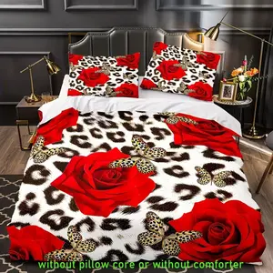 3pcs Valentine Leopard Butterfly Rose Duvet Cover Set, Soft Comfort Bedding, Includes 1 Duvet Cover + 2 Pillowcases, Home Decor