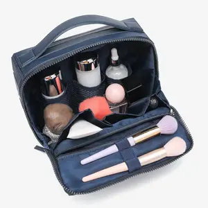 Large Capacity Striped Handheld Cosmetic Bag - Travel & Commute Essential, Waterproof Makeup Organizer with Dividers for Brushes, Skincare & Toiletries