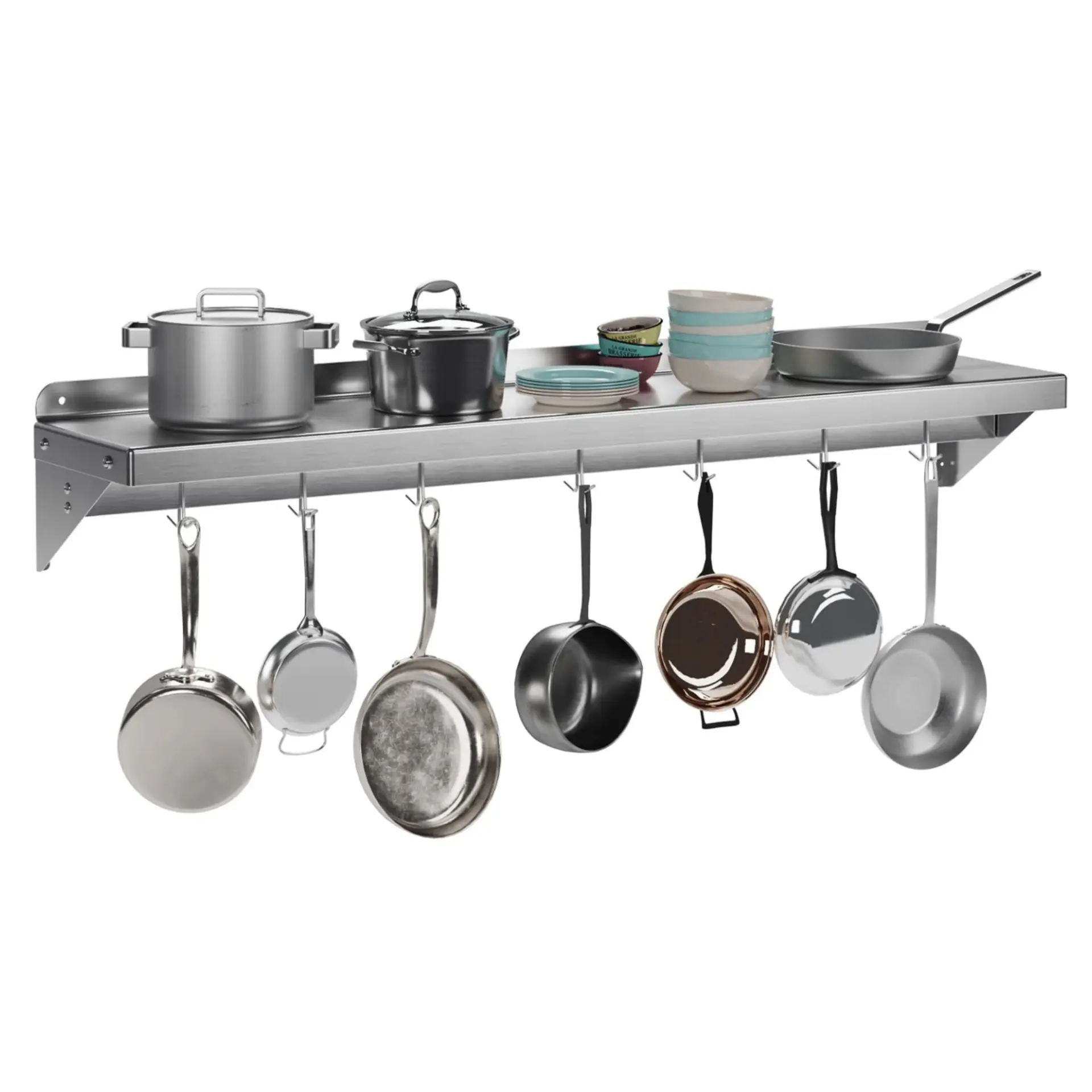 GARVEE Stainless Steel Pot Rack with Shelf & 7pcs Hooks 12 x 48 Inches Max Load Capacity 220 lb, NSF Certified Commercial Wall Mount Floating Shelving for Restaurant, Kitchen, Home and Hotel