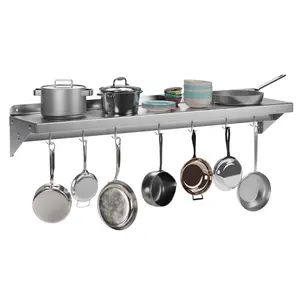 GARVEE Stainless Steel Pot Rack with Shelf & 7pcs Hooks 12 x 48 Inches Max Load Capacity 220 lb, NSF Certified Commercial Wall Mount Floating Shelving for Restaurant, Kitchen, Home and Hotel