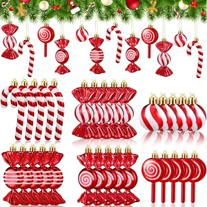 Christmas Candy Decor Set, 30-Piece Plastic Peppermint Candy Cane Ornaments Christmas Lollipop Hanging Decorations Christmas Hanging Lollipop Pattern Decorations with String (Red & White Color Scheme)