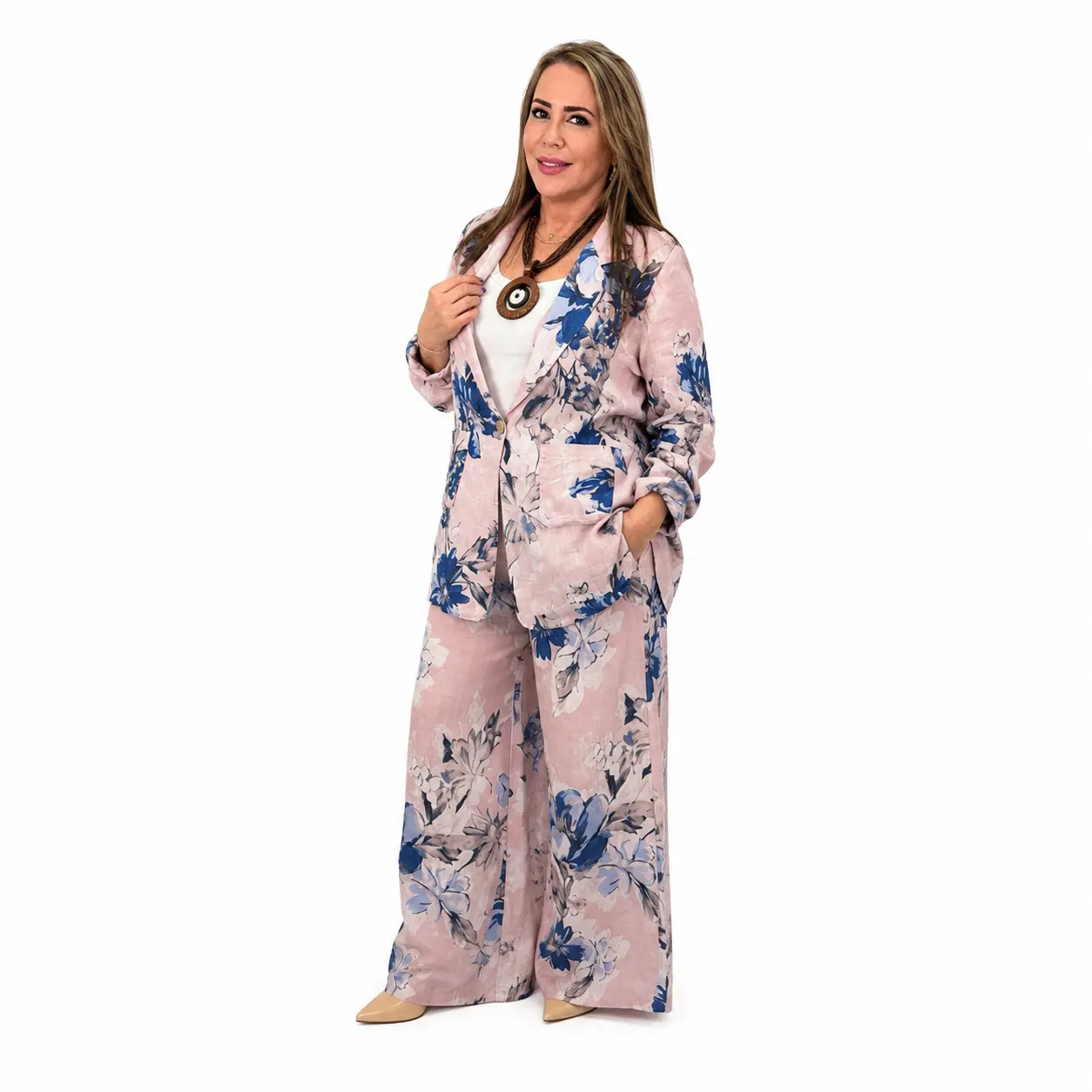 Women's 2-Piece Floral Print Linen Blazer & Wide-Leg Pants Set - Blush Pink, Longsleeves, Breathable, Lightweight, Elegant, One Size, Original Condition, Casual Daily Wear Clothes Set, Full-Length Below-The-Ankle Trousers