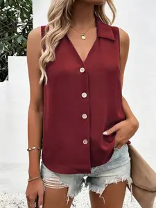 Elegant Satin Sleeveless Blouse for Women, Summer V-Neck Button-Up Vest, Loose Fit Slimming Top, Stylish Casual Wear