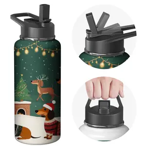 Christmas Themed Stainless Steel Water Bottle with Flip Lid - Green Color, Reindeer and Dachshund Holiday Design, Ideal for Outdoor Activities and Gift Giving