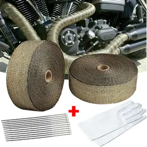 2Inch x 50FT Titanium Pipe Header Exhaust Heat Wrap Tape 2Roll For Cars Motorcycle With Gloves + 24 Stainless Steel Ties Kit