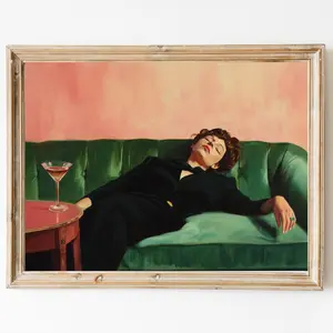 Woman on Couch with Martini - Soft Tonal Oil Painting - Aesthetic Oil Painting Gift - Trendy Kitchen Wall Decor