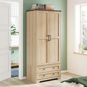 Yechen 71" Wooden Armoire Wardrobe Closet - Modern Functional Clothes Tall Storage Cabinet with Adjustable Shelf and Hanging Rail, Sturdy Freestanding Closet Wardrobe with 2 Wide Drawers for Bedroom