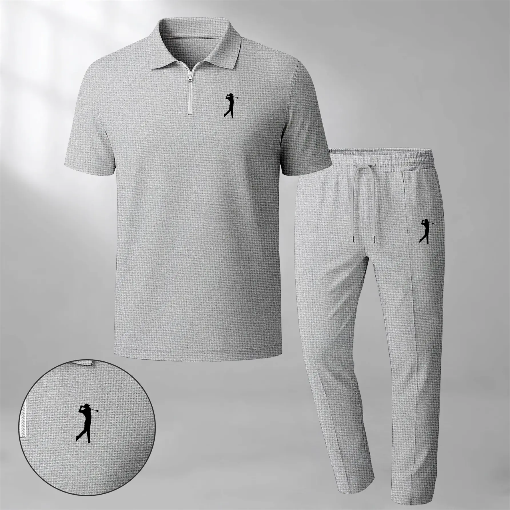 Men's Golf Print Zip-Up Collar Short-Sleeve Polo Shirt And Pants Two-Piece Set, Made With Waffle Knit Fabric, Breathable And Comfortable, Soft Texture, And A Relaxed Fit, Suitable For Everyday Casual Wear.