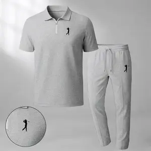 Men's Golf Print Zip-Up Collar Short-Sleeve Polo Shirt And Pants Two-Piece Set, Made With Waffle Knit Fabric, Breathable And Comfortable, Soft Texture, And A Relaxed Fit, Suitable For Everyday Casual Wear.
