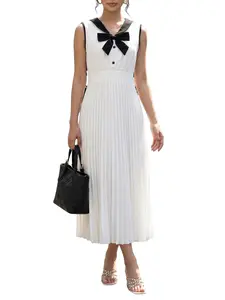 Women's French Style and Contrast Bow Button Hem Pleated V-Neck Sleeveless Midi Dress, Elegant and Chic Fashion