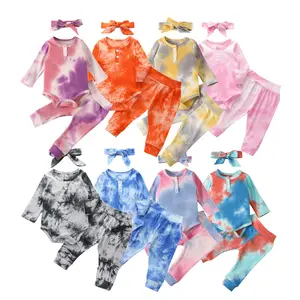 Ma&Baby Newborn Baby Boy Girl Fall Clothes Long Sleeve Tie Dye Romper Top Pants Headband 3Pcs Outfits Pajamas Set