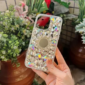 Shiny White Bling Rhinestone Mirror Holder Phone Case with Chain, Mobile Phone Accessories Compatible with iPhone 17, 16, 15 Pro Max, 15 Plus, 14 Pro Max, 14