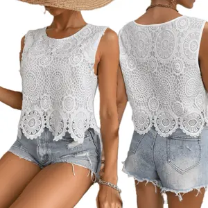 Seya Women's Lace Elegant Sleeveless T Shirts Tops 2026 Womenswear Fashion Spring Outfits Fashion Casual Plain Sleeveless Tank Tops, H-Type Fitted Lace  Guipure Sleeveless Lace Design Vest for Summer Outlook, Urban Chic Summer Fashion