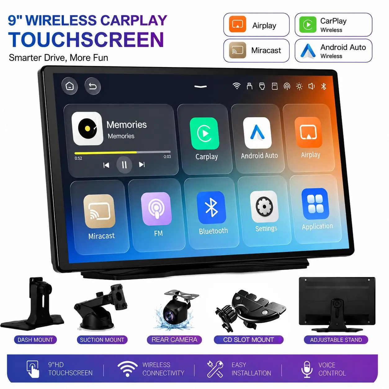 2026 9-Inch Wireless CarPlay|Portable touchscreen supporting GPS, rearview camera, and iPhone/Android Auto (MirrorLink) | Requires 5V/3A power input (includes 5V/3A adapter for 12V-24V vehicles) |Check USB output specifications before purchasing