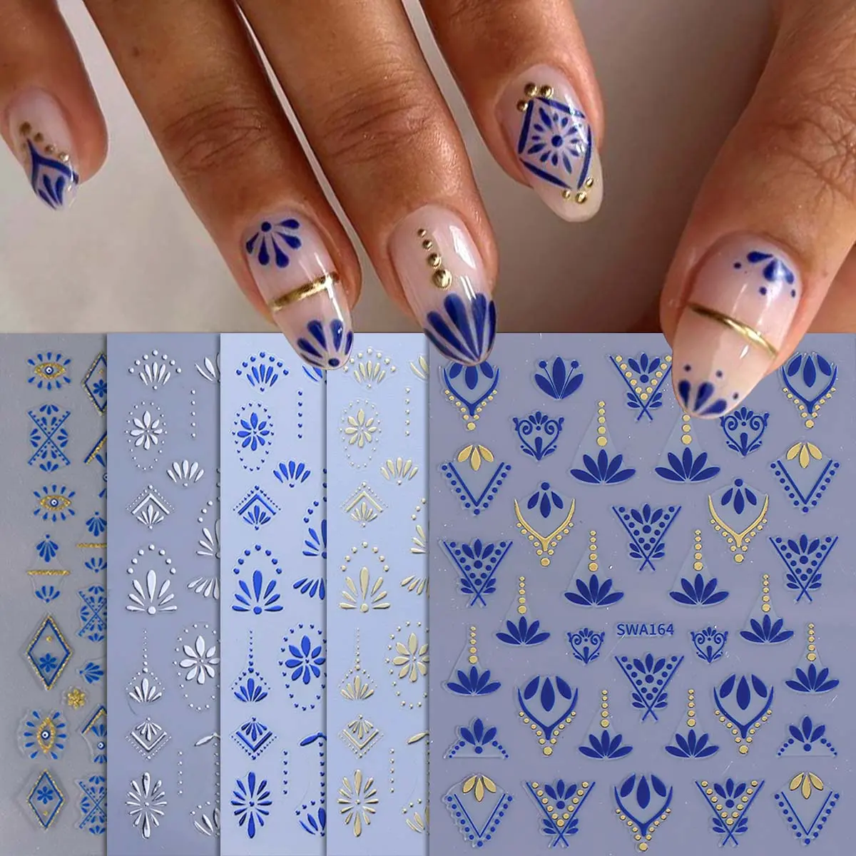 5pcs Bohemian Nail Art Stickers Set, Nail Art Products, 3D Floral Paisley Mystical Totem Designs Flower Nails Unique Patterns Glossy Finish Easy to Apply DIY Nail Decals, Manicure Decoration Suitable for Women and Girls